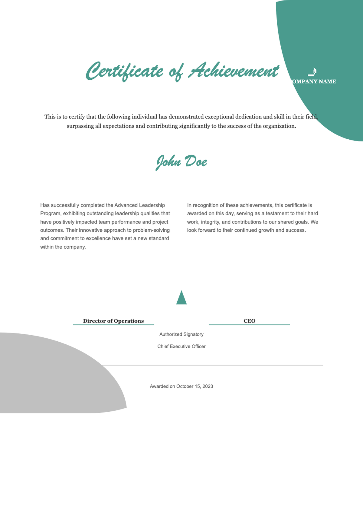 Modern certificate of achievement with teal and gray design_variant_3